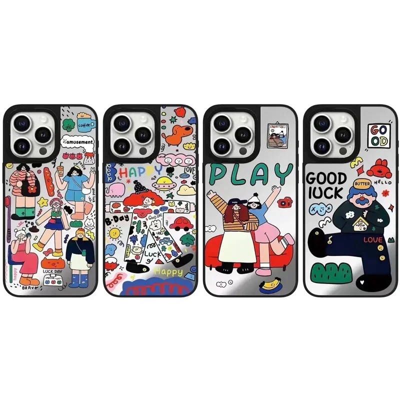 Happy Cartoon Mirror Phone Case Cover for IPhone 11 12 13 14 15 Pro Max Case for IPhone 15 Pro Max