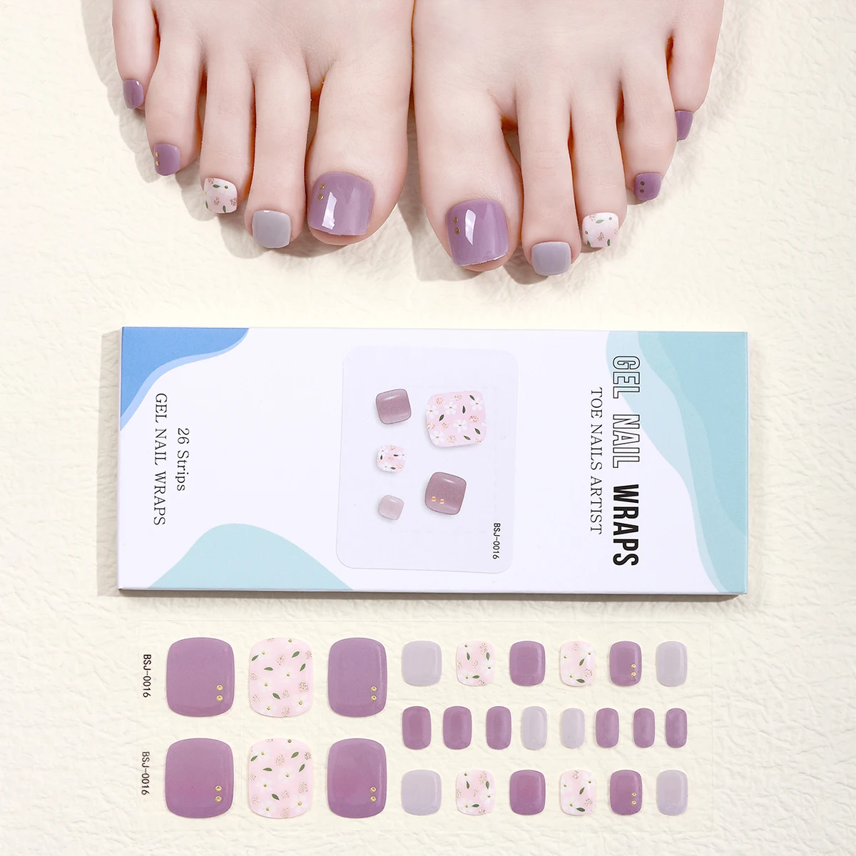 Pegatinas de uñas de Gel para dedos de los pies, tiras autoadhesivas de cubierta completa coreana, lámpara UV, necesita deslizadores impermeables, accesorios de manicura, 26 puntas