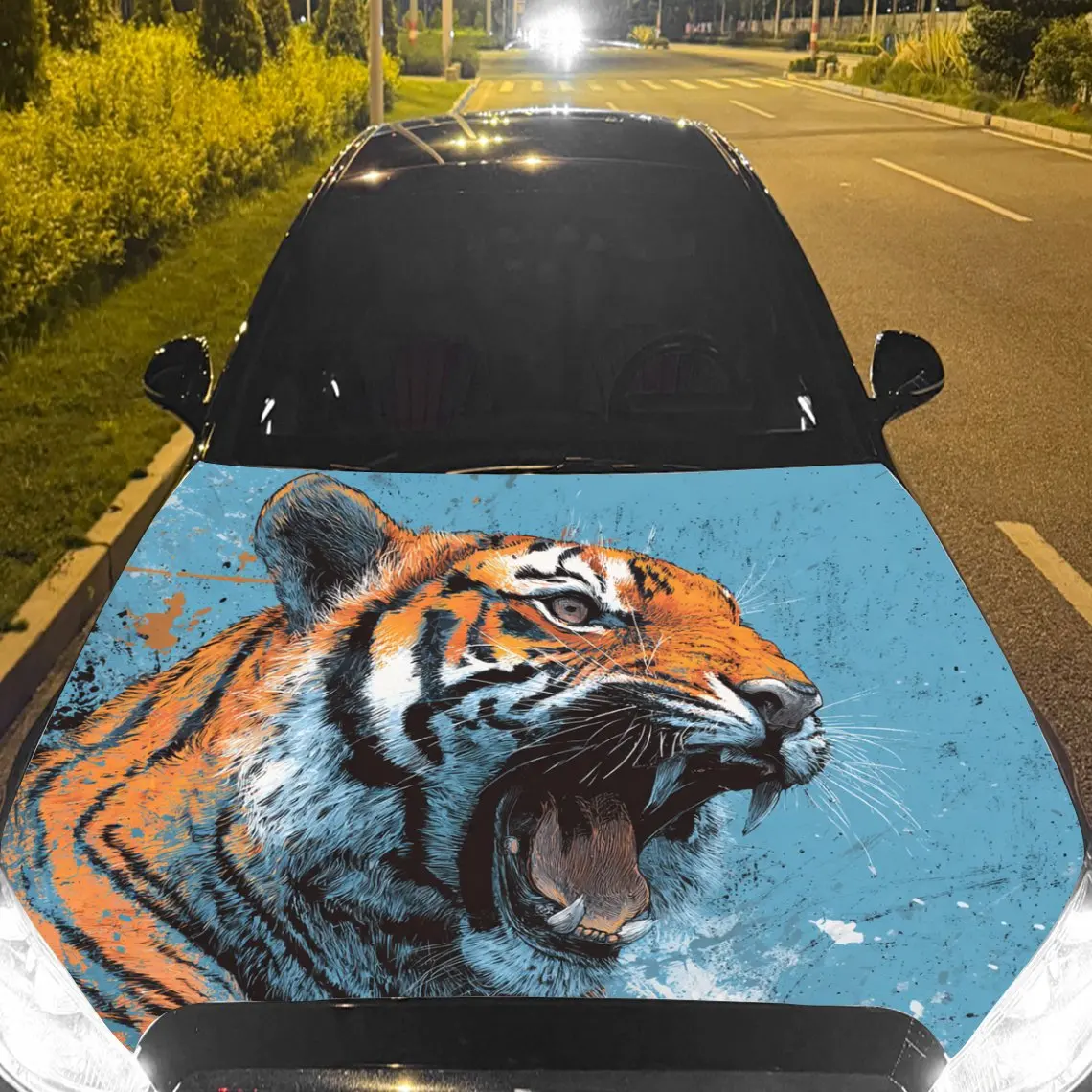 

Car Decals Tiger with Striped Fur, a Roaring Expression, and a Vibrant Blue Backdrop Car Hood Sticker, Waterproof Self - Adhesiv