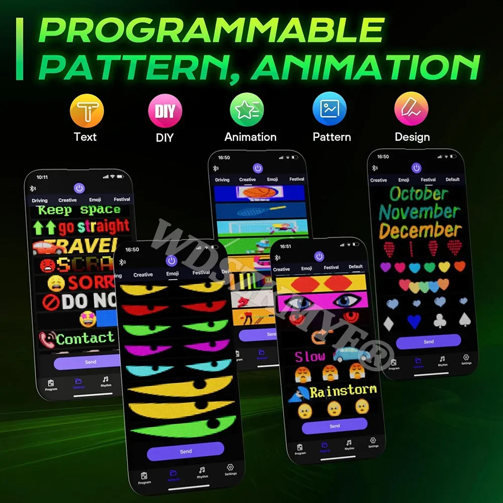 التحكم في التطبيق DIY سيارة مرنة عرض ضوء RGB LED مصفوفة بكسل شاشة بلوتوث للبرمجة لافتات إعلانية متحركة
