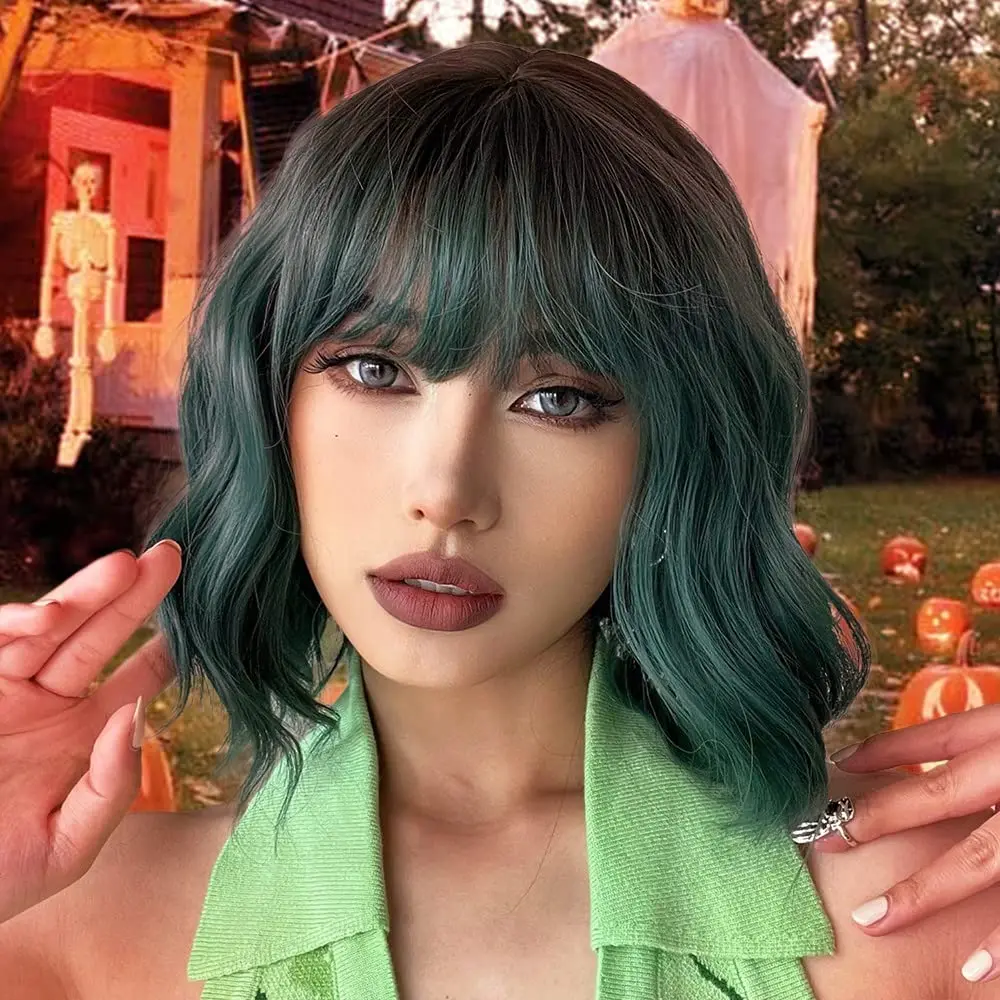 HENRY MARGU Cosplay Lolita Short Wavy Bob Wigs with Bangs Green Synthetic Wigs for Women Natural Heat Resistant Christmas Wigs