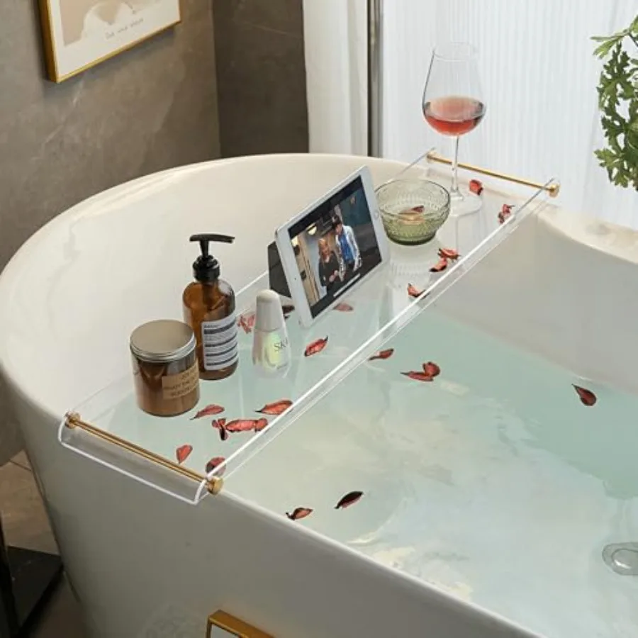 

Bathtub Tray Clear Caddy Rack Acrylic Tub Tray Shelf with Gold Rails 31.5 Inch Bathroom Accessories Rack Suitable for All Batht