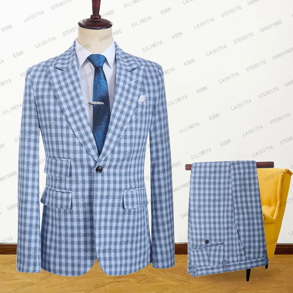 

2023 New Summer Men Suit 2 Pcs Set Fahion Business Blue Check Classic Pattern Linen Slim Fit Formal Coat Jacket Pants Peak Lapel