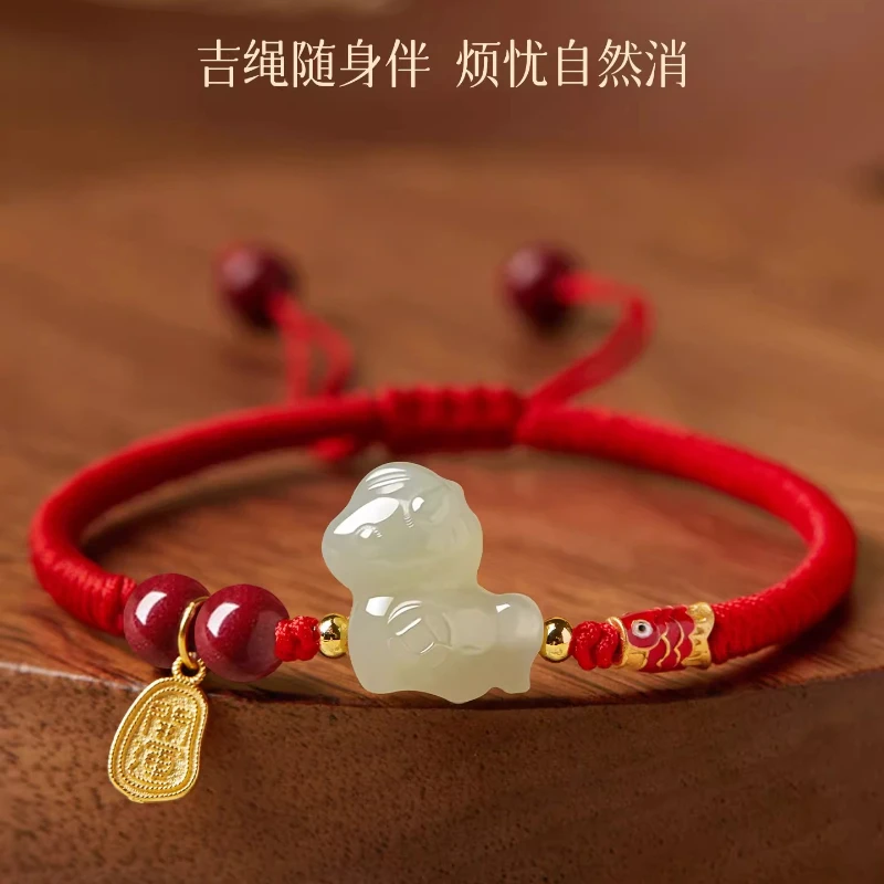 

Новый стиль 2026 года: браслет из красной веревки с нефритом Хэтиан, амулет-конь (знаком зодиака), ювелирное украшение, подарок на праздник