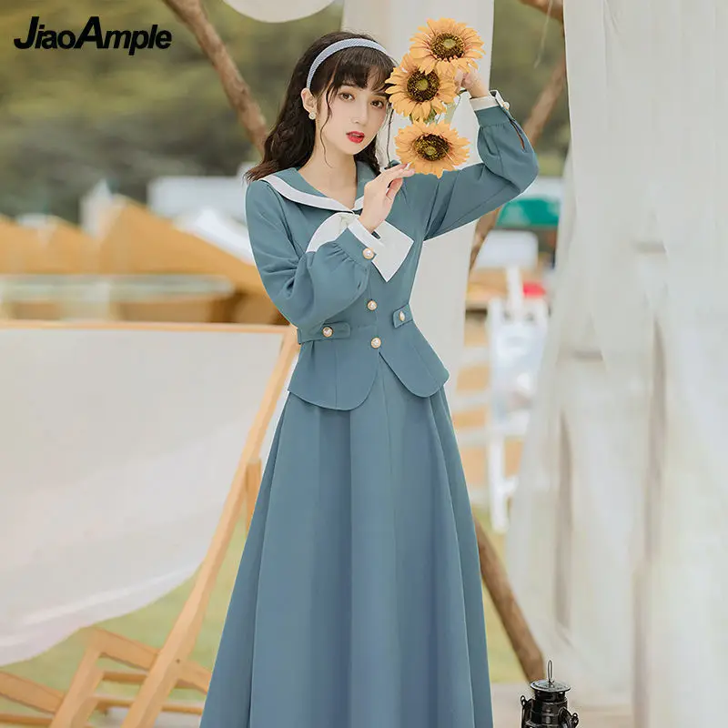 Women\'s Dresses 2024 Spring Autumn Fashion Fake Two-Piece Lantern Sleeves Blue Casual Dress Korean Elegant Bow Retro Long Skirt