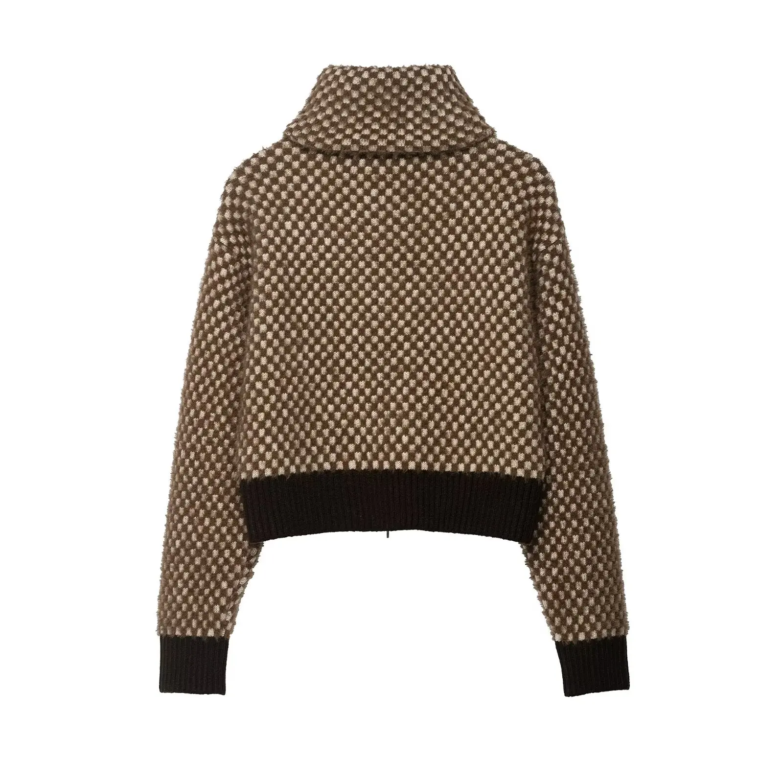 ZEVITY Women Vintage Houndstooth Crochet Knitting Casual Jacquard Flight Jacket Female Chic Outerwear Short Coats Tops CT9496