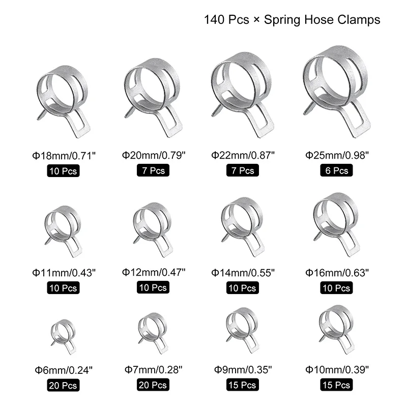 Uxcell 140Pcs 6-25mm Spring Band Type Hose Clamp Action Fuel/Silicone Vacuum Low Pressure Air Clip Clamp Rings Assortment Kits