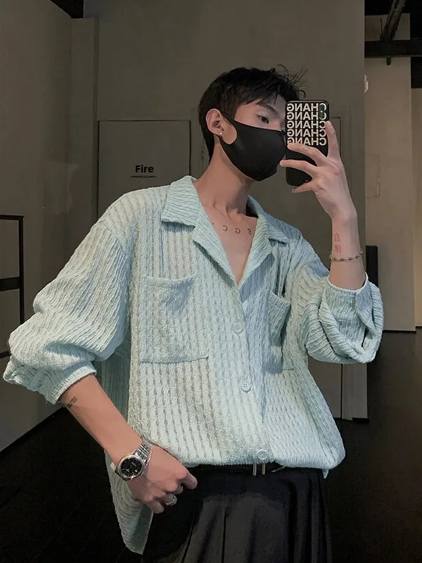 

Cleanfit Knitted Hollow Ice Silk Long Sve irt Men's Spring Drapey Sun Protection Outerwear Loose Fit Youthful Trendy