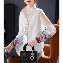 Chinese Style Women's 2024 Spring New Spliced Polo Collar Button Embroidery Fashion Loose Striped Long Sleeved Blouses Shirt