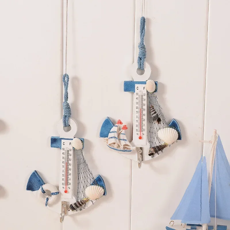 Mediterranean Style Figurine Thermometer Anchor Seashell Wall Hook Wood Ornament  Home Room Hanging Decoration Miniature