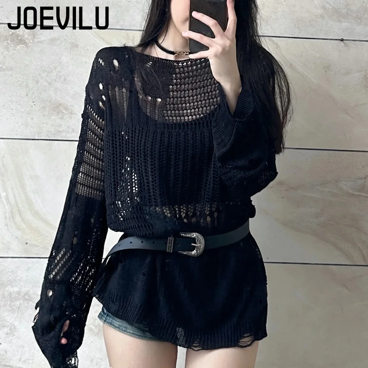 JOEVILU Hohl Stricken Bluse Sommer Lose Anliegende Lange Hülse Dünnen Pullover frauen Koreanische Casual Tops Schwarz Vintage Gothic Blusen