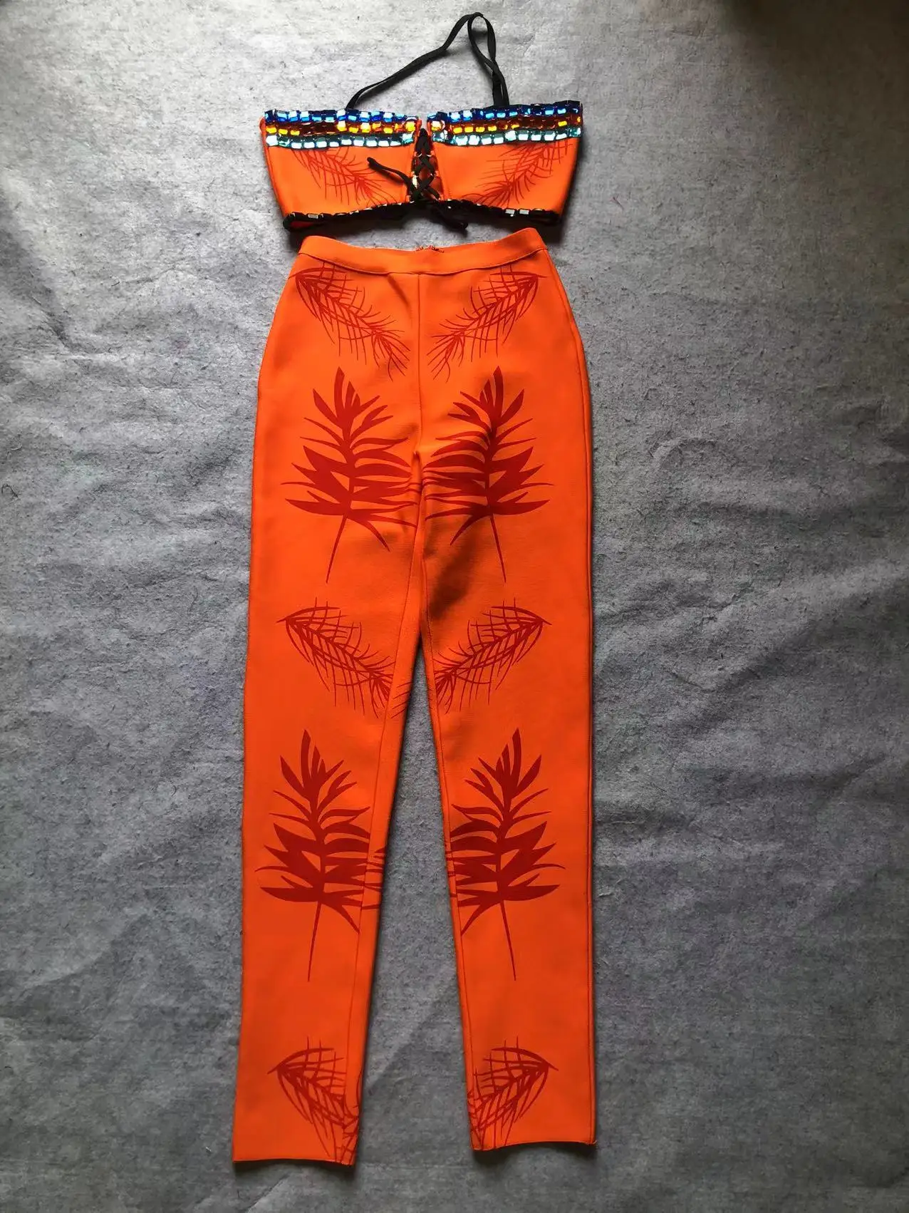 Folk Style Two-Piece Clothing for Women, Colorful Diamonds Decoration, Single Shoulder Tops, Slim Pant, Chic Pantsuits, Orange