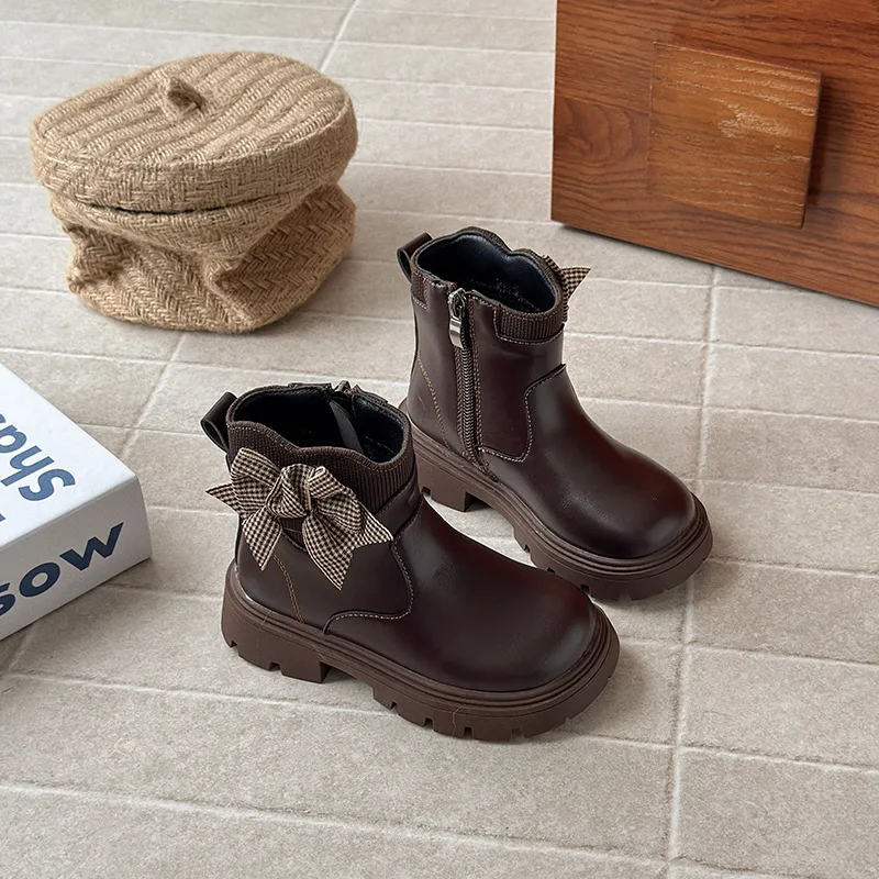 

Осенние короткие сапоги для девочек, модные ботильоны с бантом, теплые кожаные детские ботинки принцессы, детская обувь на нескользящей мягкой подошве