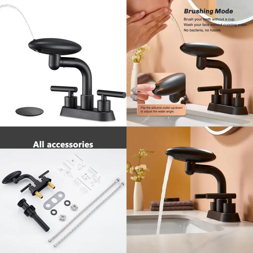 

Contemporary Matte Black 3-Hole Faucet with 2 Handles, 4 Centerset, 4 Water Modes, 360° Swivel Spout, and Pop-Up Drain