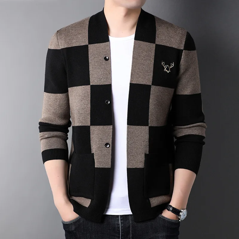 Men's New Autumn New Single Button Long Sleeve Knit Cardigan Youth Korean Version Check Trend Men's Sweater Jacket