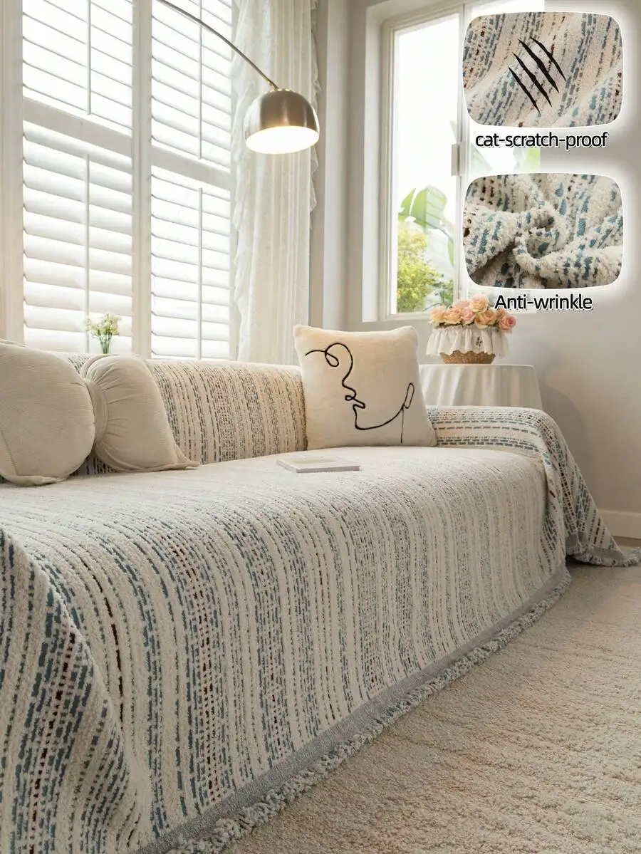 1 piece of modern minimalist multi-color striped jacquard chenille sofa cushion cover with tassels, anti-wrinkle, durable, cat-scratch resistant sofa protector, suitable for all seasons, washable, non-slip sofa cover for living room sofas