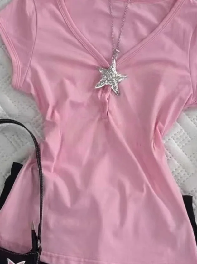 Retro American Sle Women's Slim Fit ort Sve T-irt Summer 2025 Pink Printed Letter Design Casual Comfortable Top