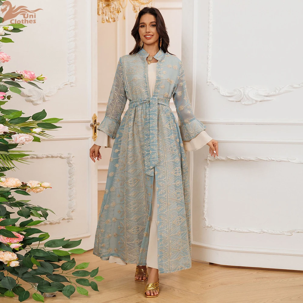 

Uni Ramadan Elegant Floral Embroidery Guipure Lace Panel Belted Dress Petal Sleeve abaya Two-Piece Kebaya