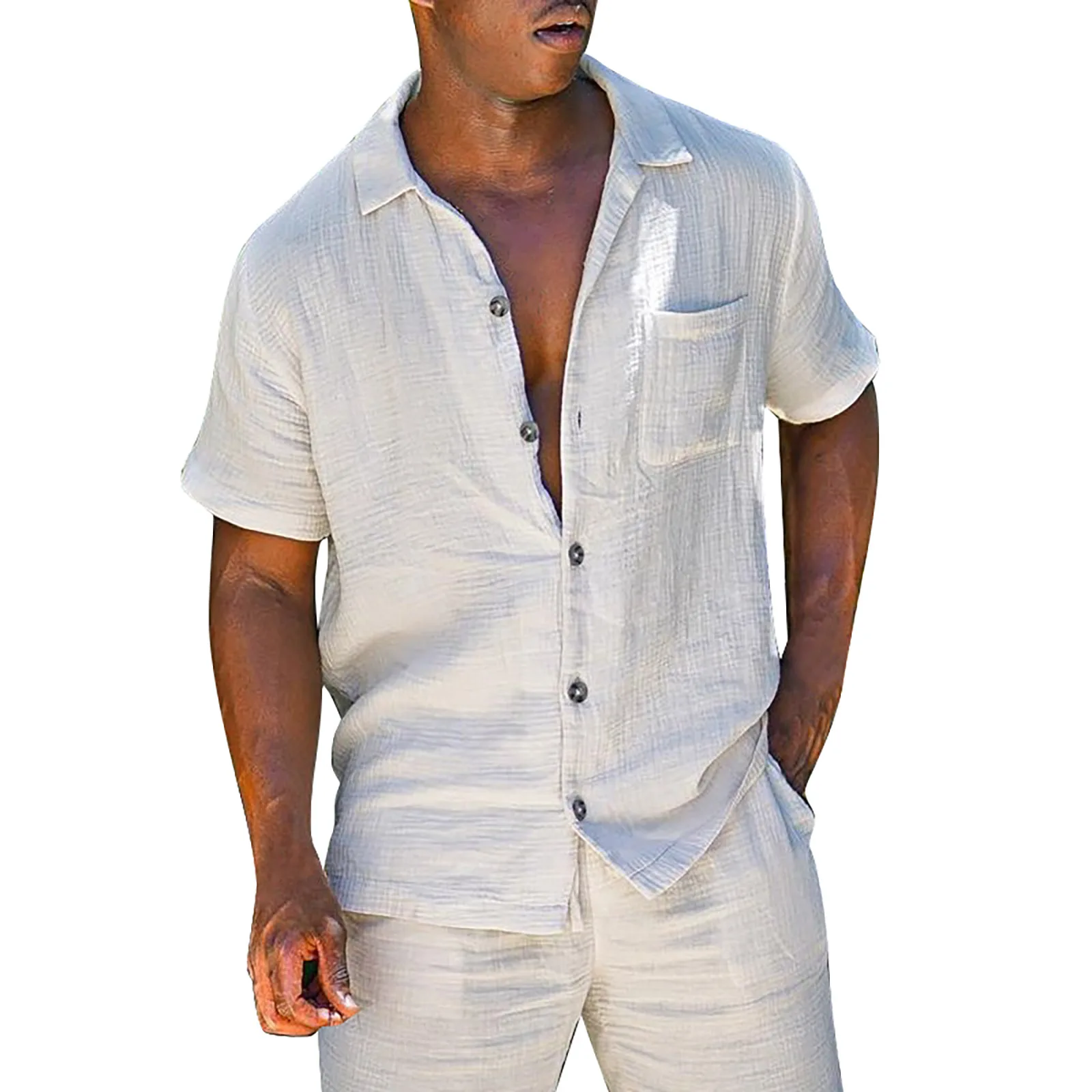 

Men's 2 Piece Linen Set Short Sleeve Turn Down Collar Shirts With Pocket And Shorts Summer Beach Pants Pure Men Suits Slim Fit