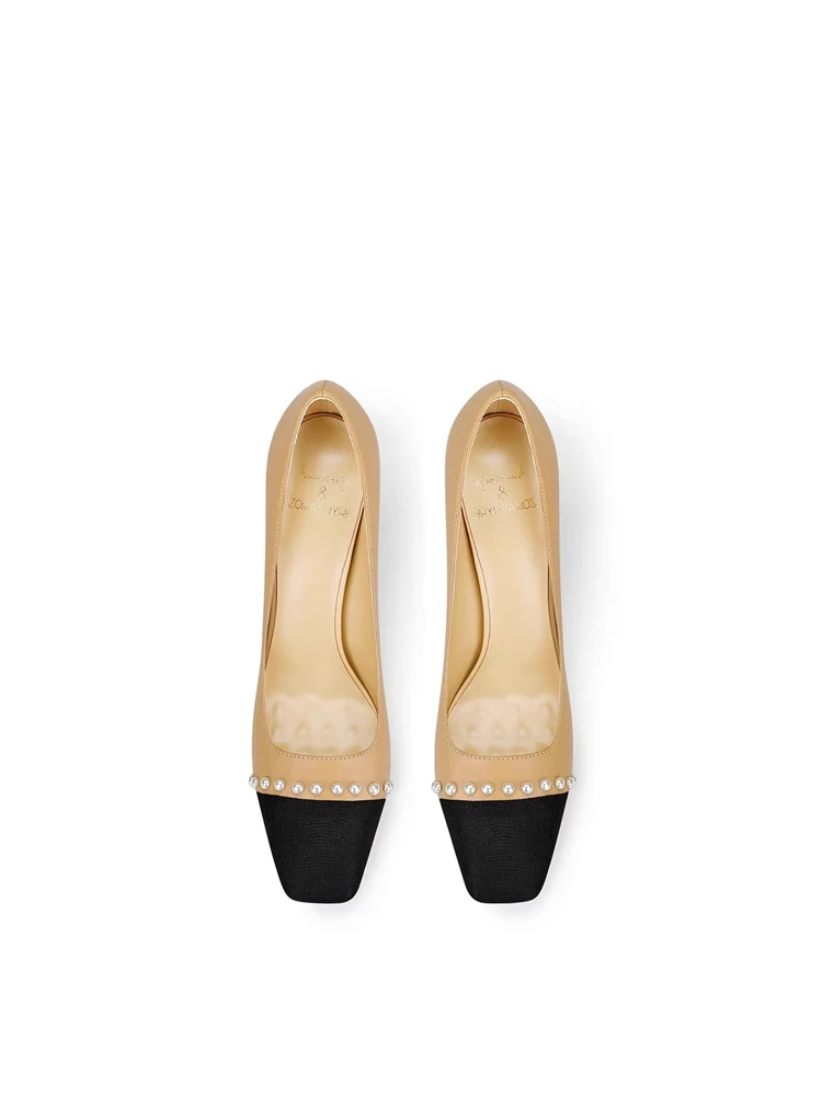 Spring new square toe leather stitched pearl square heel shoes banquet dress large size small size thick high heeled women shoes view 5