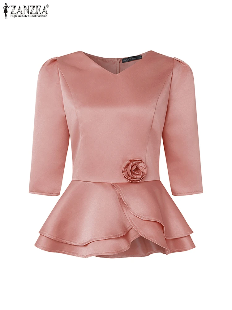 

2025 ZANZEA Summer Office Shirts Women 3D Flower Blouse V-Neck Slim Fit Satin Tops Elegant 3/4 Sleeve Ruffled Hem Blusas Chemise