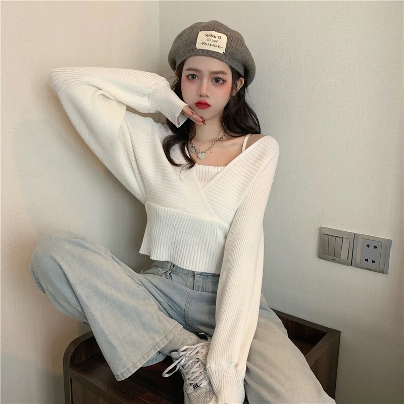 Fake Two Sweater Women 2024 Spring Autumn New V-Neck Full Sexy Knitted Sweaters Korean Short Chic Wild Fashion Pullovers