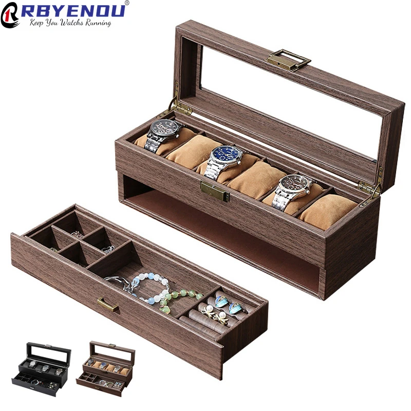 Retro Vintage PU Leather Double Layer 6 Slots Watch Multifunctional Storage Case Box Jewelry Carbon Fiber PU Watch Jewelry Box