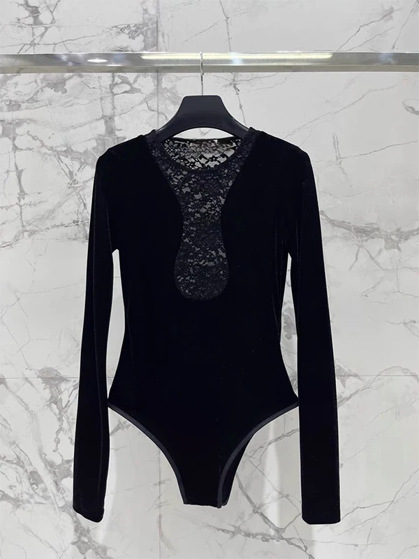 

American Sle Splice Lace Bodysuit Women's Early Spring New Small Design Slimming Inner Wear Top High Waist ort Pants