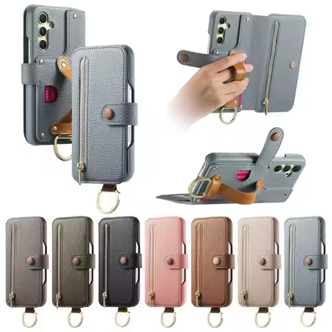 Card Holder Wallet Flip Leather Case For Samsung Galaxy S24 Ultra S25 Plus S23 FE S22 S21 S20 A55 A54 53 Wrist Strap+Ring Holder