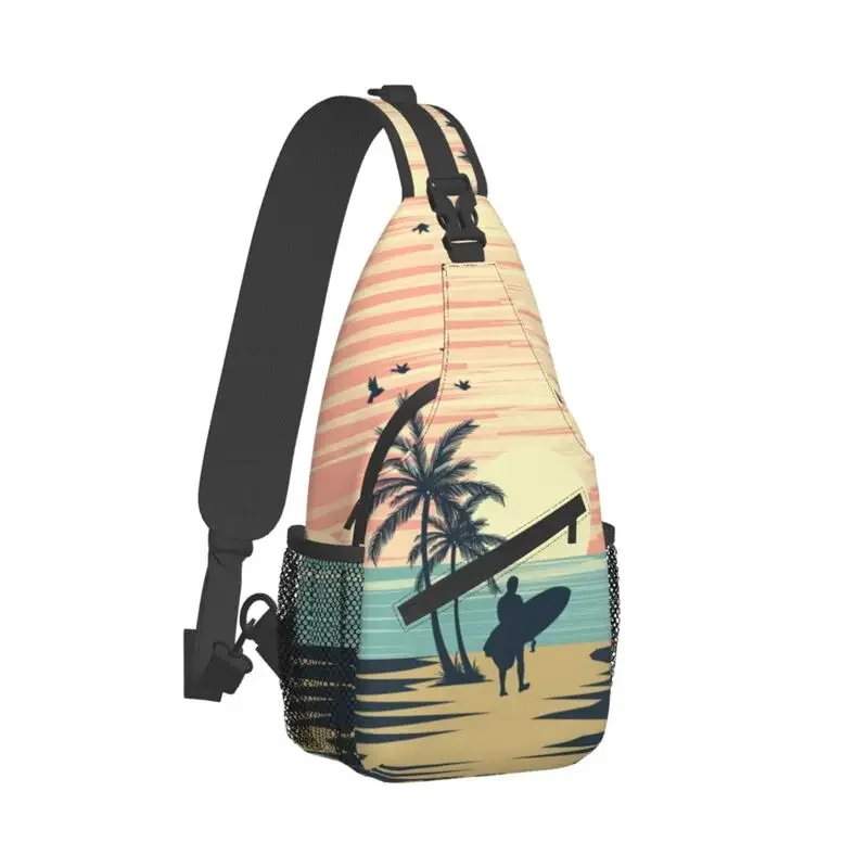 Retro Surfing Sling Chest Crossbody Bag Men Cool Summer Beach Surfer Shoulder Backpack for Travel Cycling