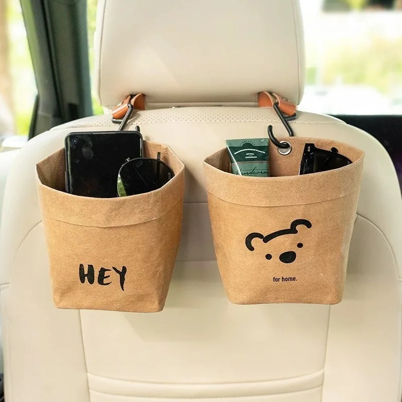Car Outlet Storage Bucket Washable Kraft Paper Trash Bag Hanging Garbage Pouch Auto Interior Organizer Accessory