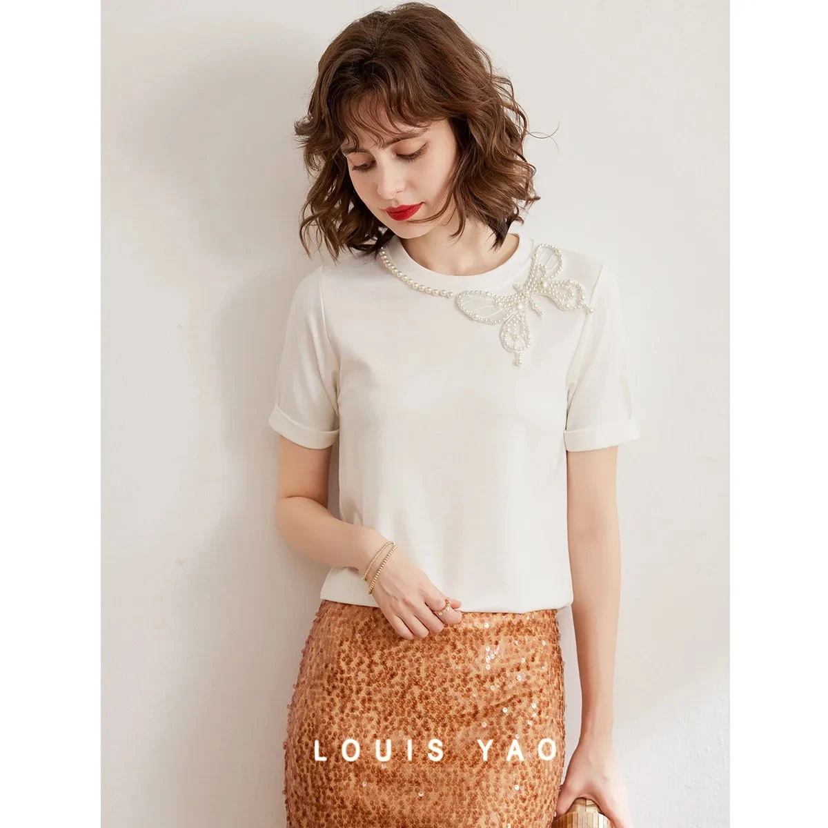 

LOUIS YAO New Butterfly Beading T-shirt 2025 Summer Top High-end Round neck Short Sleeve Fashion Casual Women's Tees
