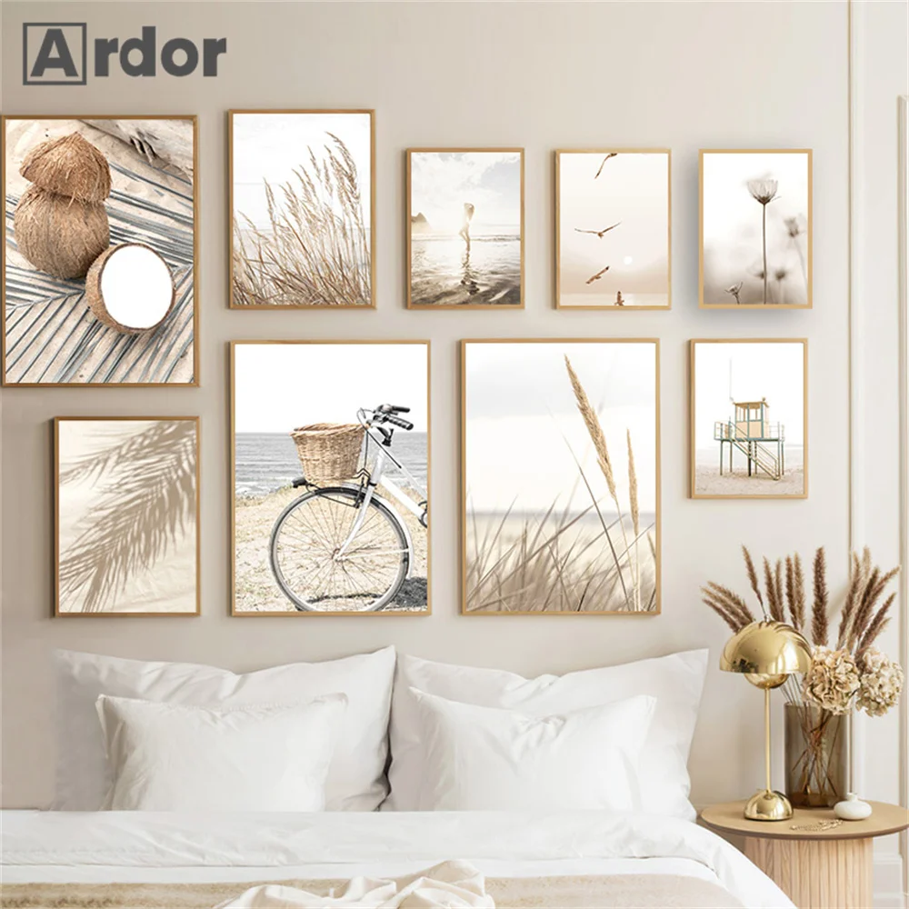 

Beige Landscape Wall Poster Beach Coconut Canvas Painting Reed Art Prints Bike Posters Nordic Wall Pictures Living Room Decor