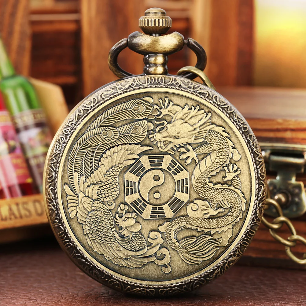 

Classic Eight Diagram Commemorative Coin Display Quartz Pocket Watch Men Women Vintage Bronze Necklace Pendant Clock Fob Chain