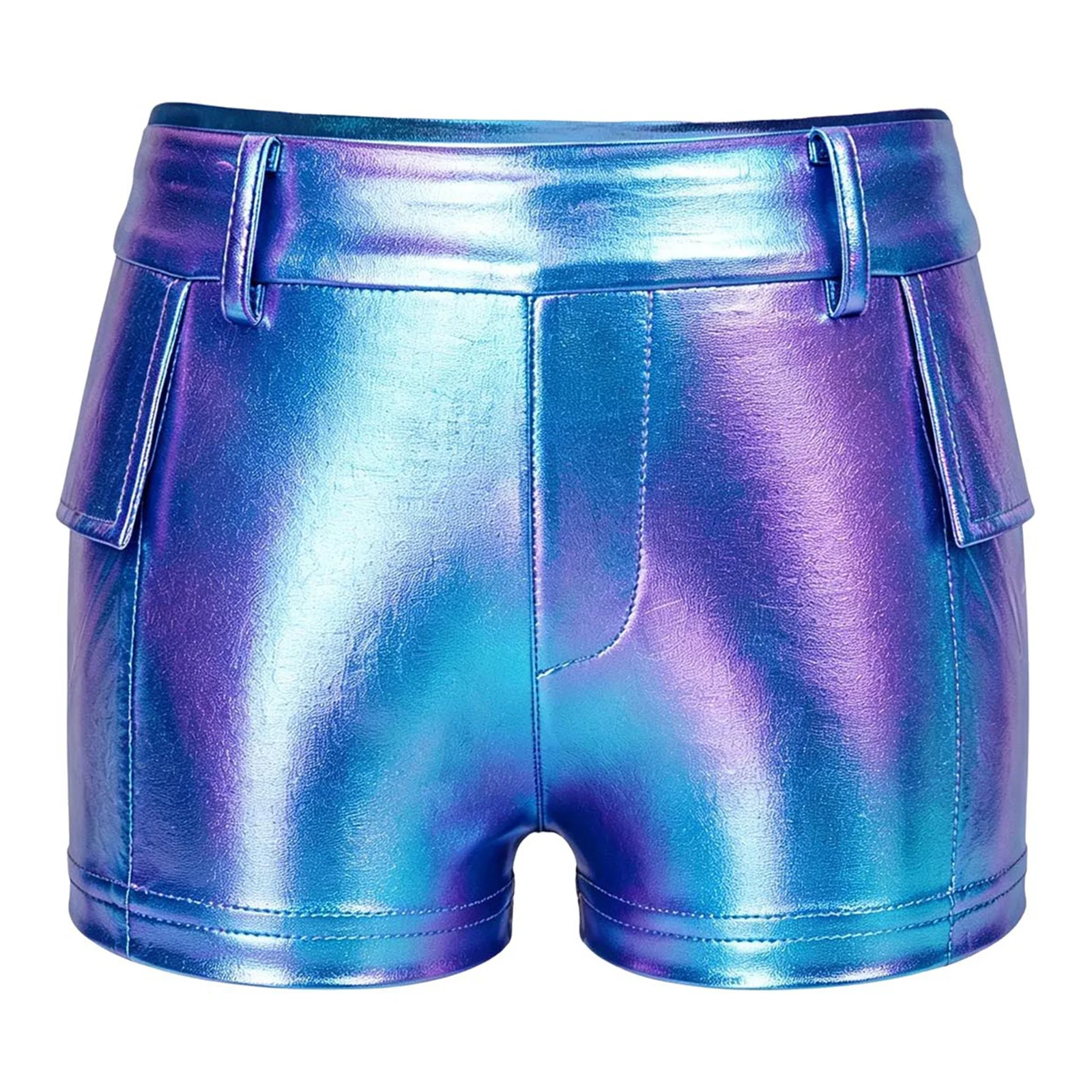 Kinder Modern Jazz Dance Bühnenauftritts-Hosen Mädchen Glänzende Irisierend Hologramm-Shorts PU-Leder Cargo-Kurzhosen – Detail 4