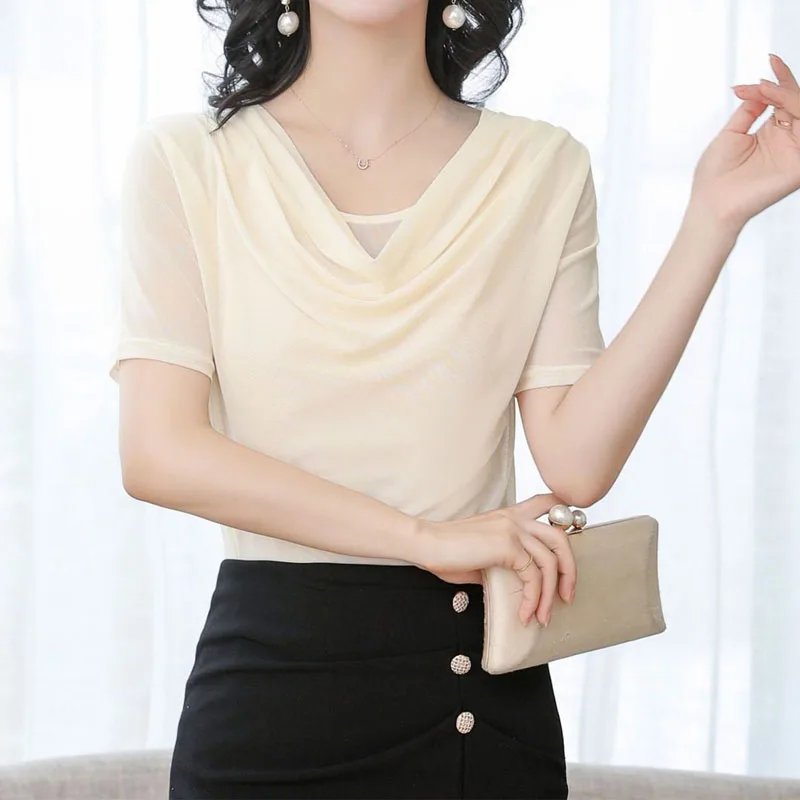 Sexy Slim Gauze Spliced Solid Color T-shirt Summer Women's Clothing Simplicity Fashion Short Sleeve Pullovers Tops for Female