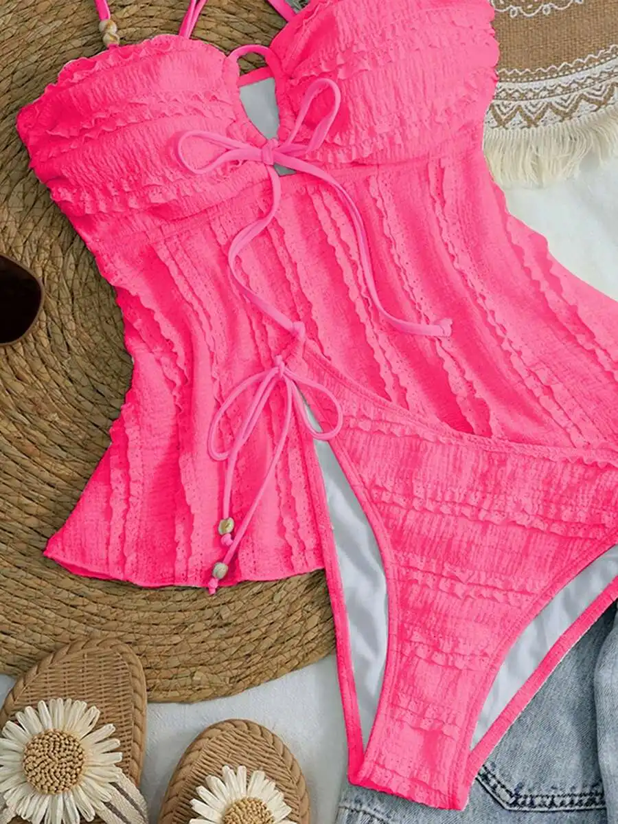 

Womens Solid Pink Textured Ruched Tie Front Tankini Swimsuit Set For Beach Vacation