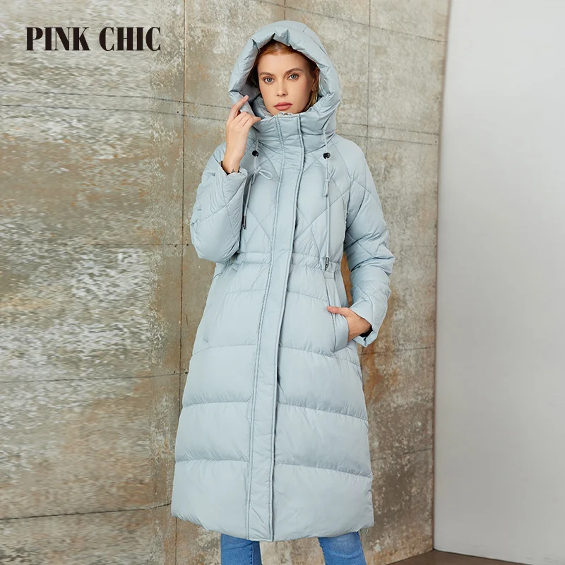 PINK CHIC 2023 New Winter Women Down Jackets Fashion Classic Warm cross-hatching Hooded long version Parka Female Coat W6570