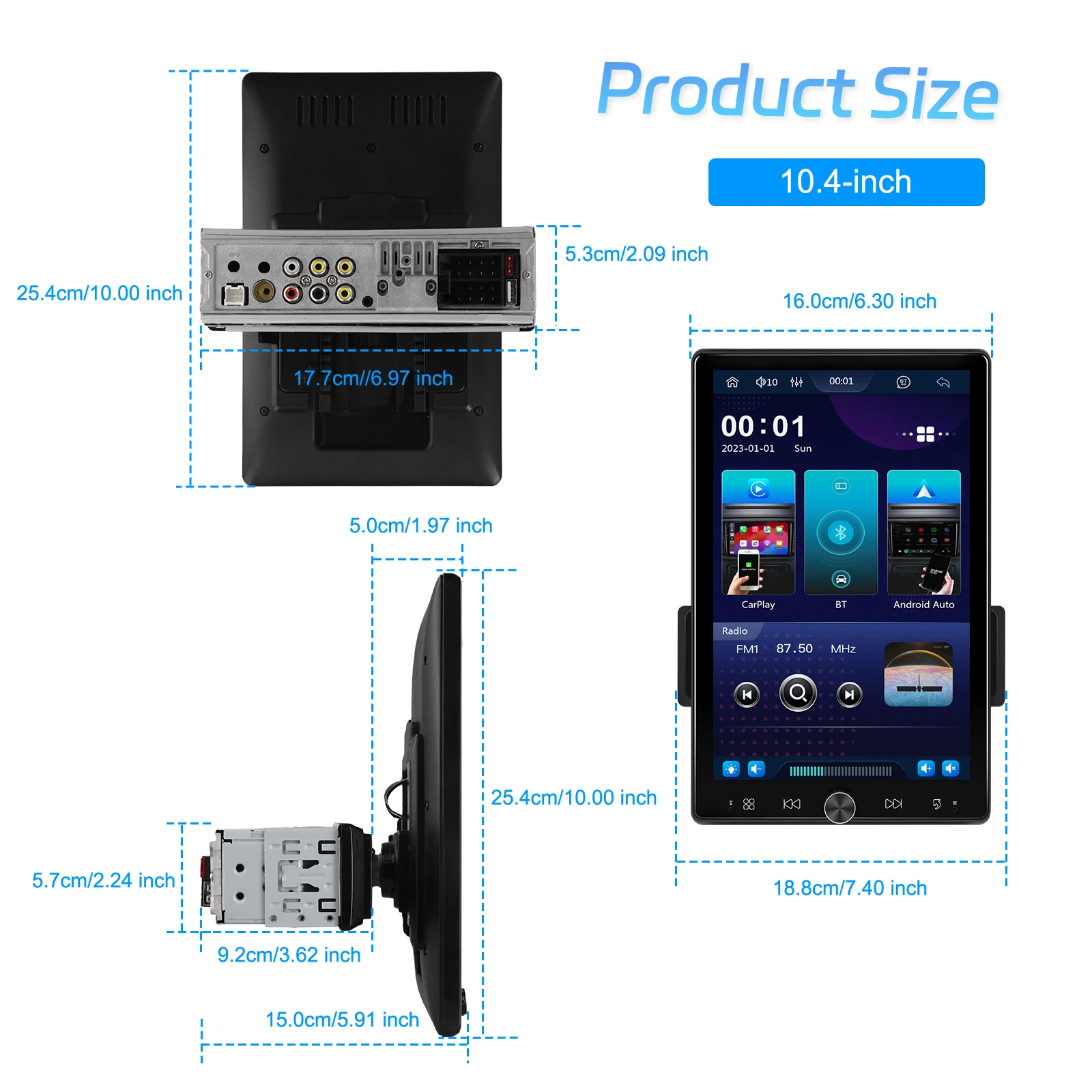 Podofo 10,4'' Manuell Schwenkbares 1DIN Autoradio Kabelloses Carplay Android Auto Multimedia-Player Spiegelverbindung BT FM/RDS Radio EQ – Detail 20