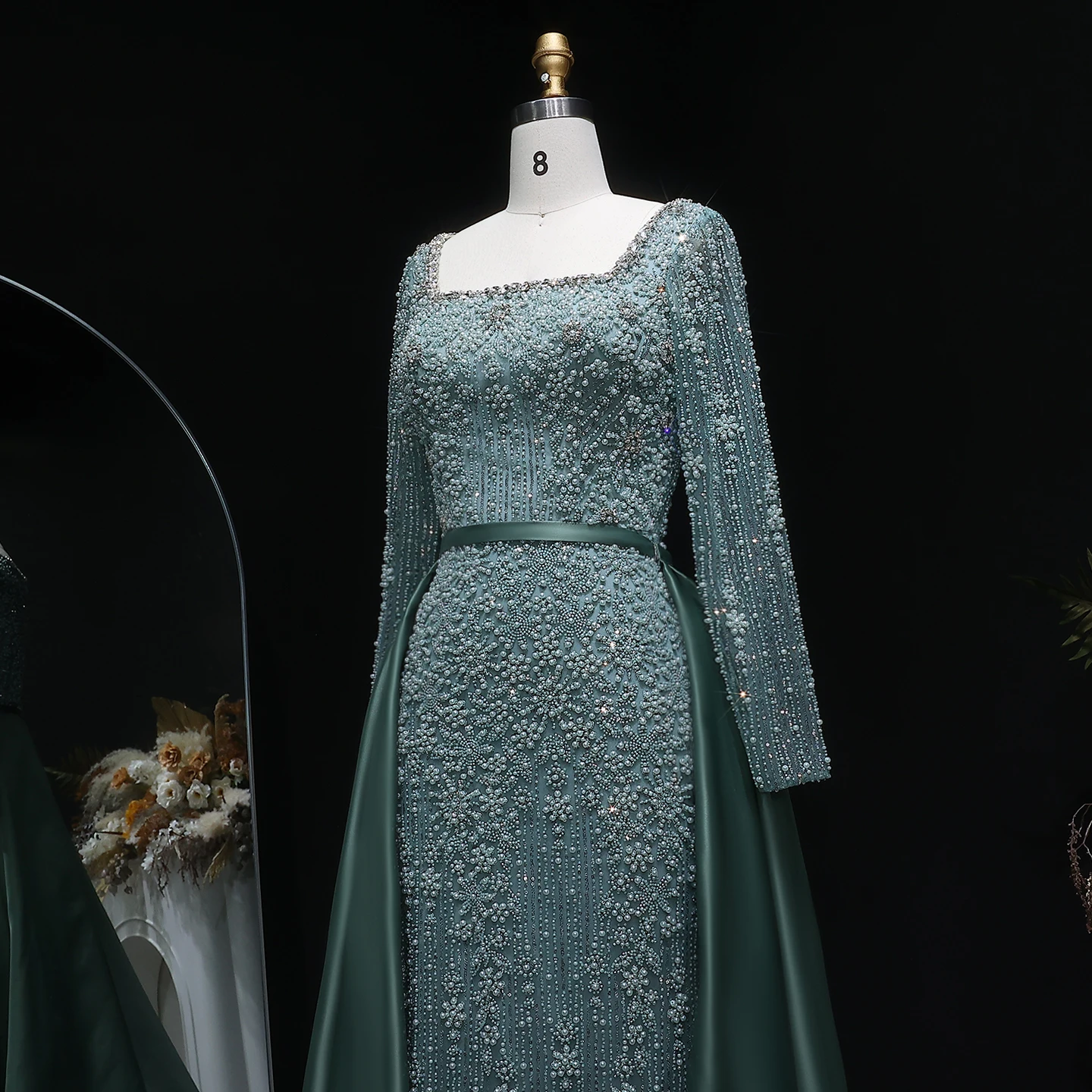 Sharon Said Champagner Meerjungfrauen-Abendkleid mit langen Ärmeln, Überrock, Perlenbesatz, Arabian Nights Ballkleid, formelles Kleid SS119, maßgeschneidert – Detail 8
