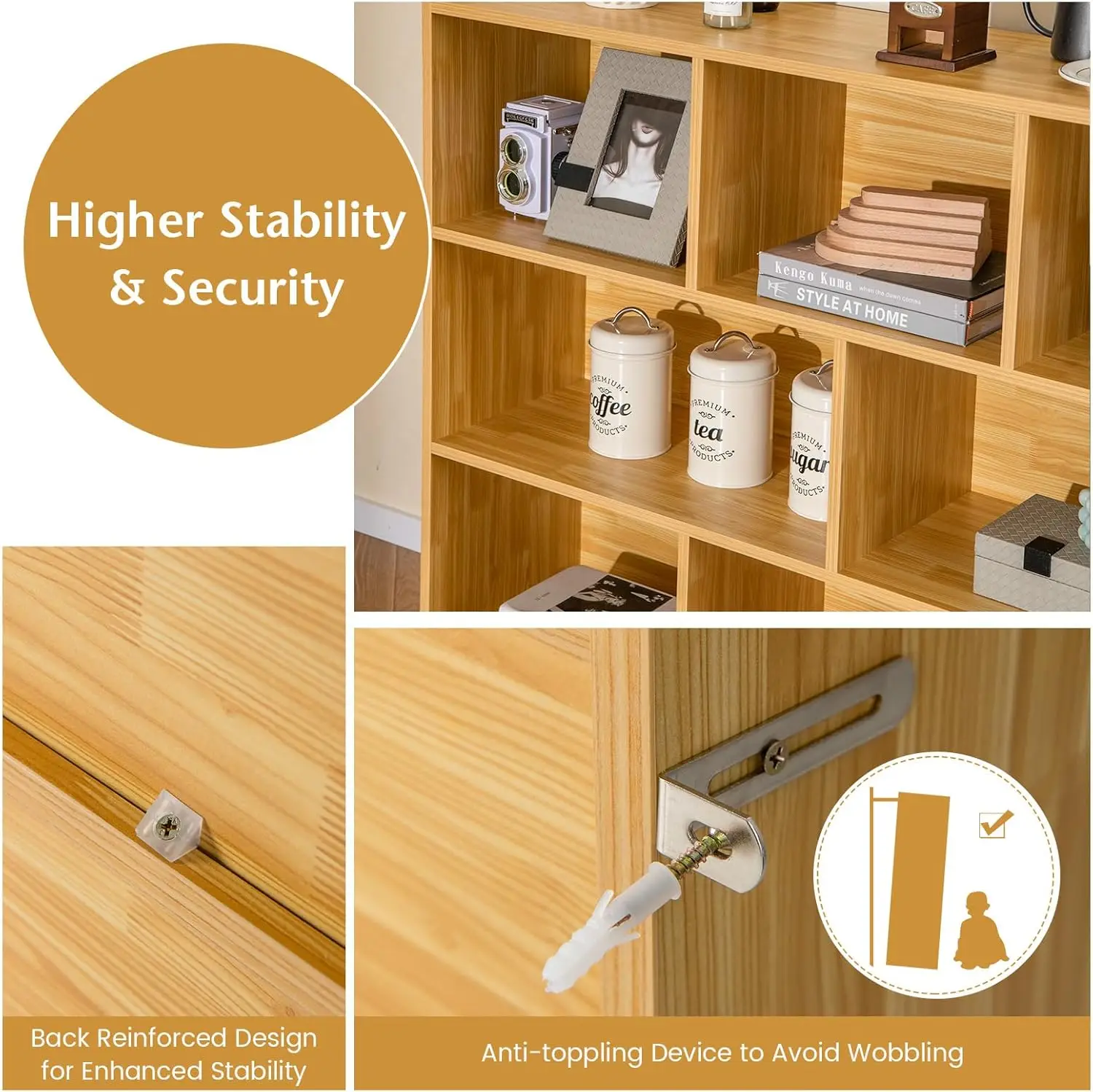 Estantería de 8 cubos, estantería abierta de 3 niveles, organizador de almacenamiento de madera moderno para sala de estar, habitación de niños