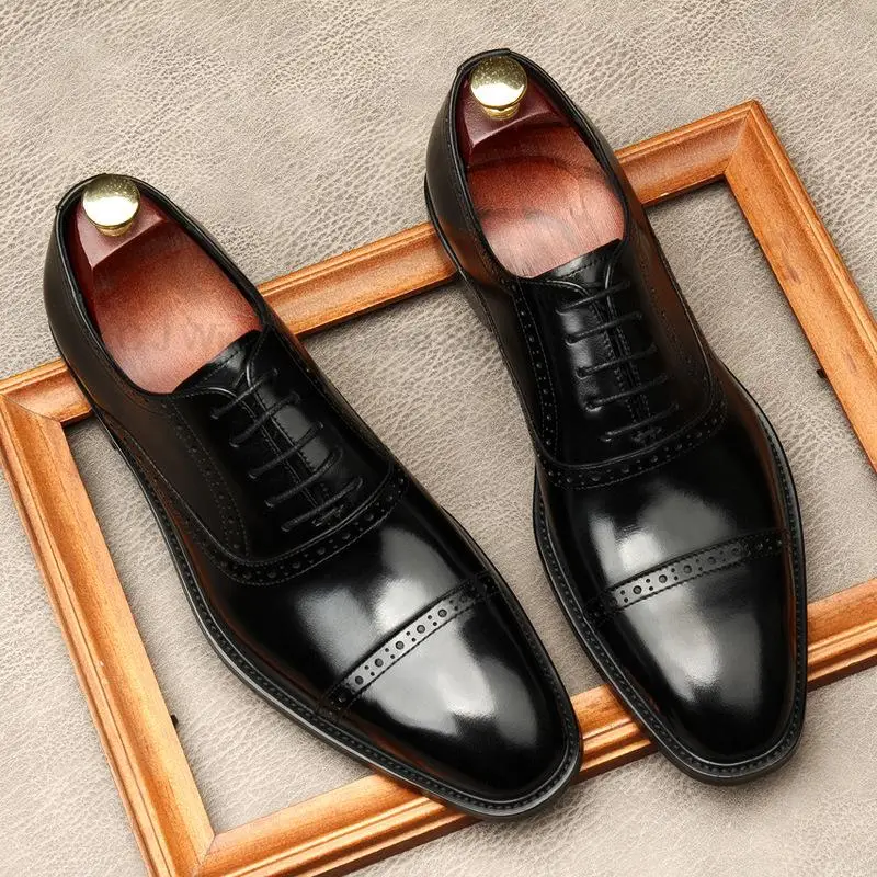 HKDQ Luxury Men Oxford Shoes High Quality Classic Style Dress Leather Shoes Coffee Black Lace Up Pointed Toe Formal Shoes Men