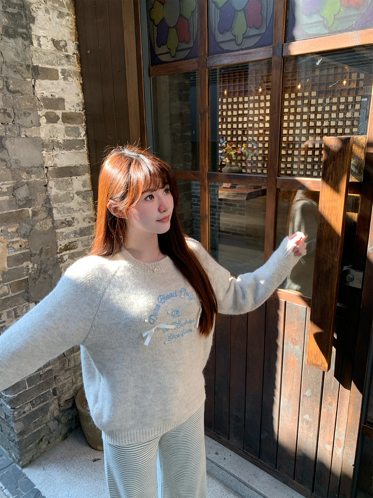 

ne round Ne Overhead Long Sve Loose Slimming Letter Sweater Knot Design Knitted irt Inner Wear for Girls