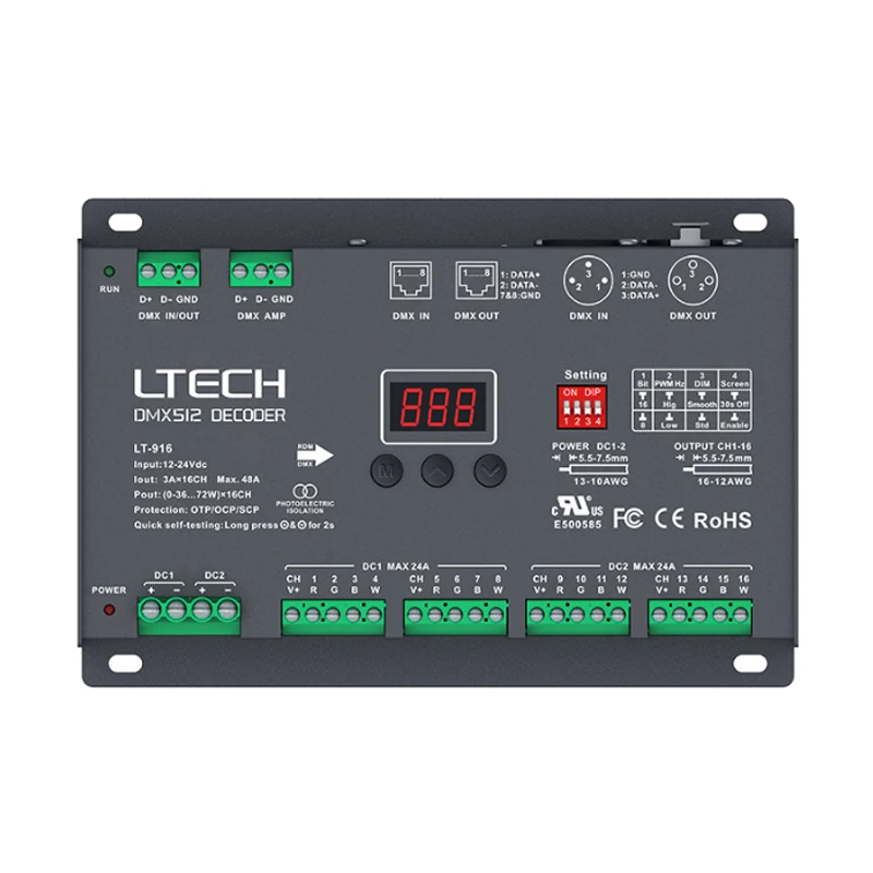 Imagem -04 - Decodificador do cv do Ltech-dmx e do Rdm Terminal Verde para Oled Dc1224v 4a ch 12 Canais 48a 12ch 16 Canais 3a Pinos Xlrrj45 Pinos