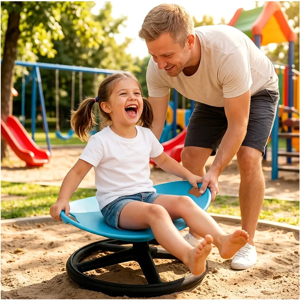 Silla giratoria ergonómica y taburete con escalones para niños – Diseño ovalado en forma de huevo en azul y naranja, base metálica antideslizante, asiento con soporte para concentración, actividades sensoriales de movimiento, entrenamiento y uso doméstico