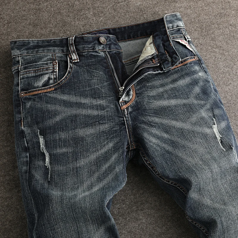 Jeans fendus élastiques rétro pour hommes, pantalons décontractés en denim, coupe couvertes, noir, bleu, haute qualité, mode de créateur