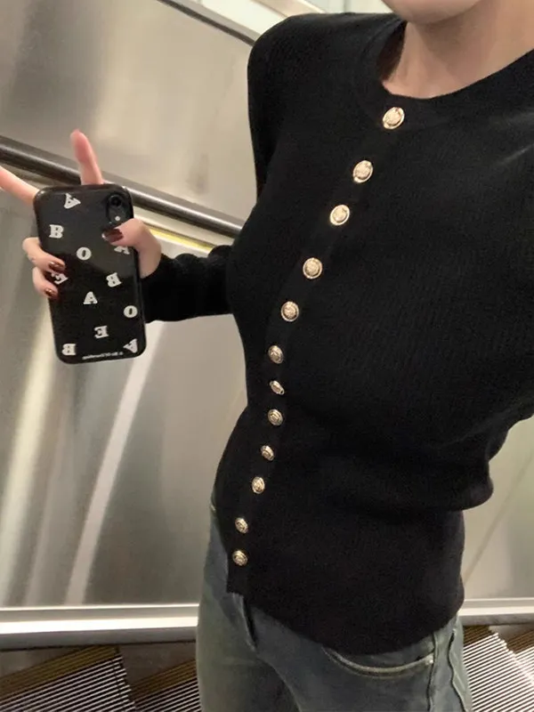 Elegant Long Sleeve Knitted Sweater Women's Slim Fit Button up Cardigan Trendy Casual Style Polyester Fiber round Neck Spring