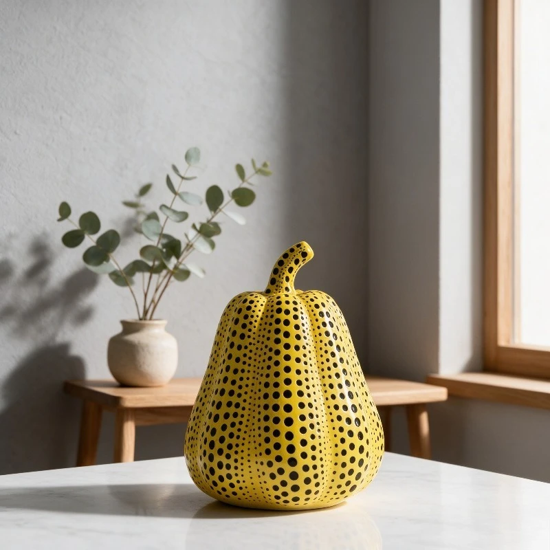 Yellow Polka Dot Pumpkin Sculpture, Pop Art Resin Figurine Decor for TV Cabinet, Modern Dopamine Home Ornament for Showroom.