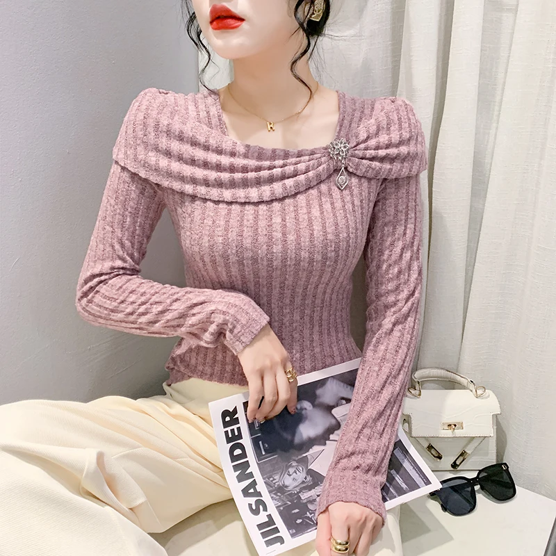 

Spring 2024 Women Knitted Shirt New Korean Fashion Bowknot Casual Tops Korean Fashion Long Sleeve Pullover Blouse