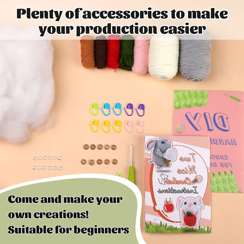 DIY Craft Mice Crochet Kit for Beginners Adults Learn To Crochet Kit with Step-by-Step Video Tutorials Thread Needles Hook Knit